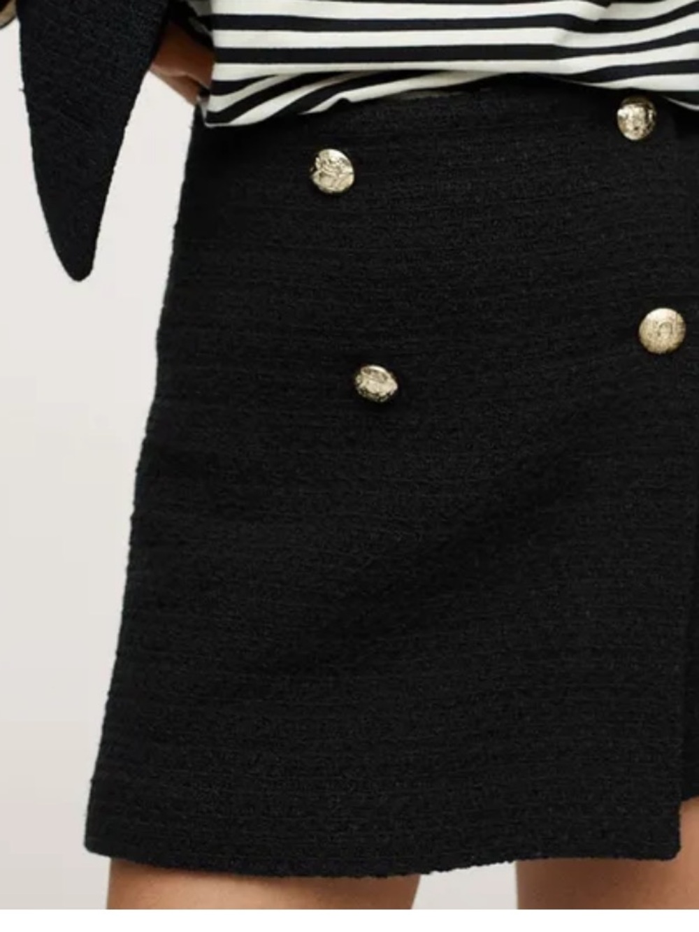 Mango Skirt Womens L Black Tweed Mini Gold Button Lined Zip Back Party Cocktail